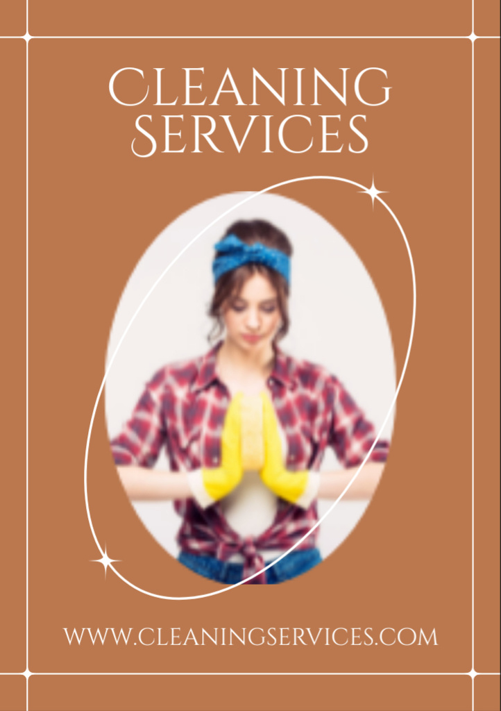 Plantilla de diseño de Cleaning Services Offer with Young Woman in Gloves Flyer A7 
