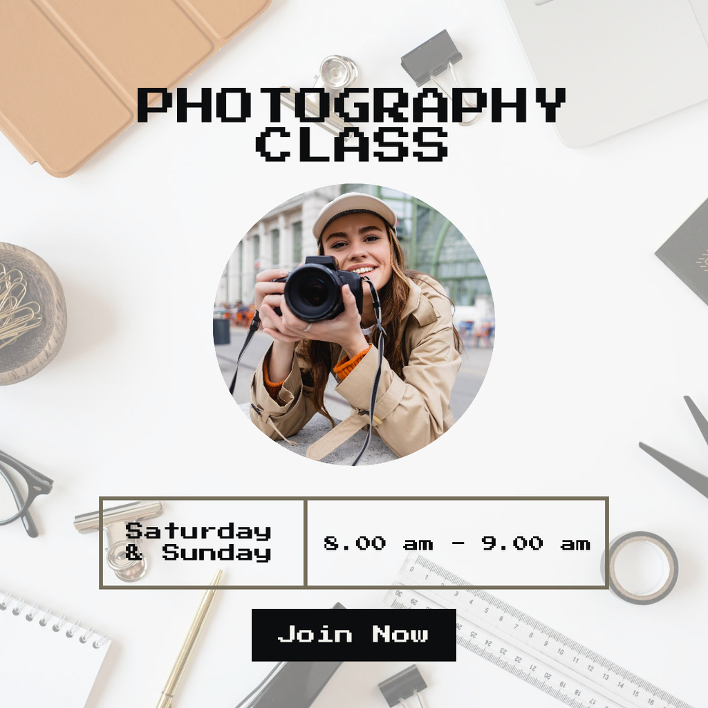 Photography Classes Ad with Smiling Woman Instagram Design Template