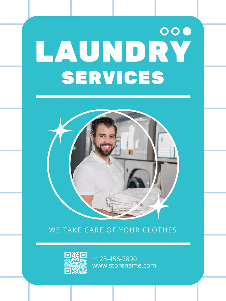 Offer for Laundry Services with Handsome Man Poster USデザインテンプレート
