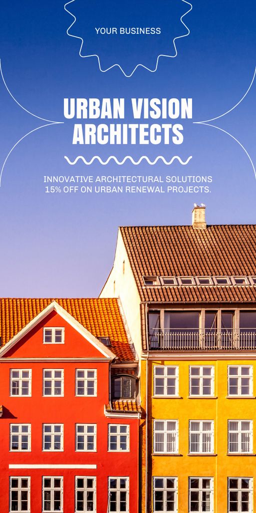 Architectural Services Ad with Bright Buildings in City Graphic tervezősablon