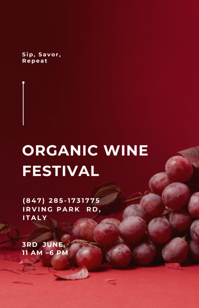 Organic Wine Tasting Festival Announcement with Grape Invitation 5.5x8.5in Šablona návrhu