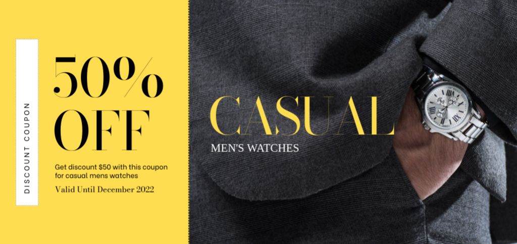 Ontwerpsjabloon van Coupon Din Large van Men's Watch Sale Announcement with Discount