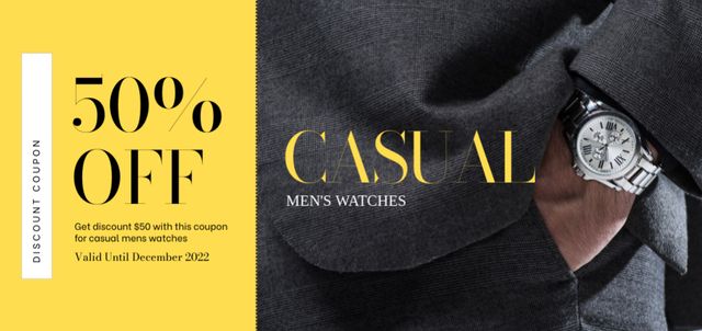 Men's Watch Sale Announcement with Discount Coupon Din Large Modelo de Design