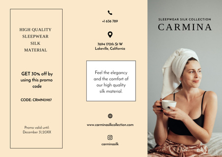 Platilla de diseño Advertisement for Silk Sleepwear with Attractive Woman Brochure