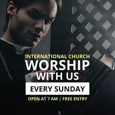 Ontwerpsjabloon van Instagram van Worship Invitation with Pastor in Church