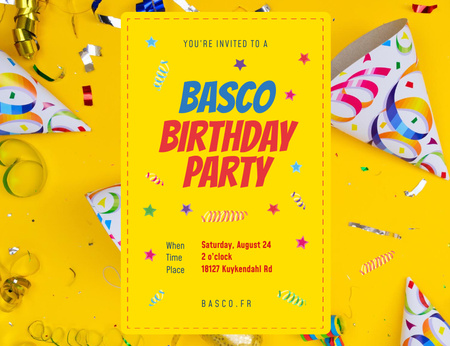 Plantilla de diseño de Birthday Party With Confetti and Ribbons Invitation 13.9x10.7cm Horizontal 