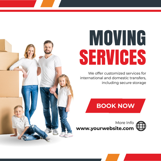 Moving Services Ad with Family near Boxes with Their Stuff Instagramデザインテンプレート