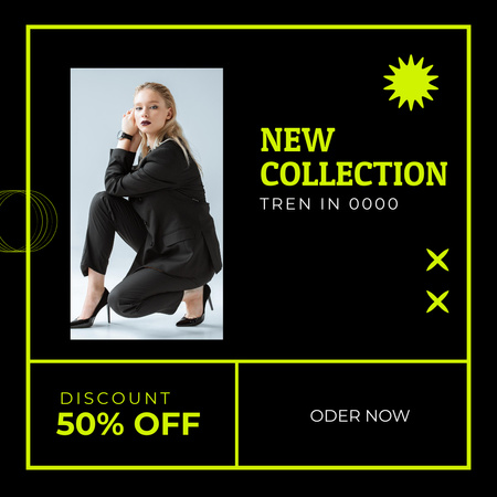 anúncio de vestuário feminino com mulher elegante em terno preto Instagram Modelo de Design