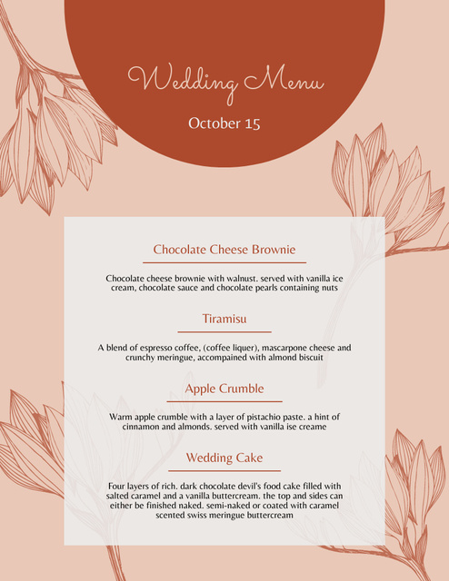 Stylish Orange Floral Wedding Appetizers List Menu 8.5x11in Šablona návrhu