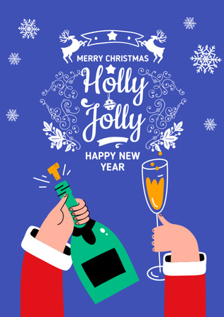 Christmas Greeting with Santa Claus holding Champagne Flyer A4 Design Template