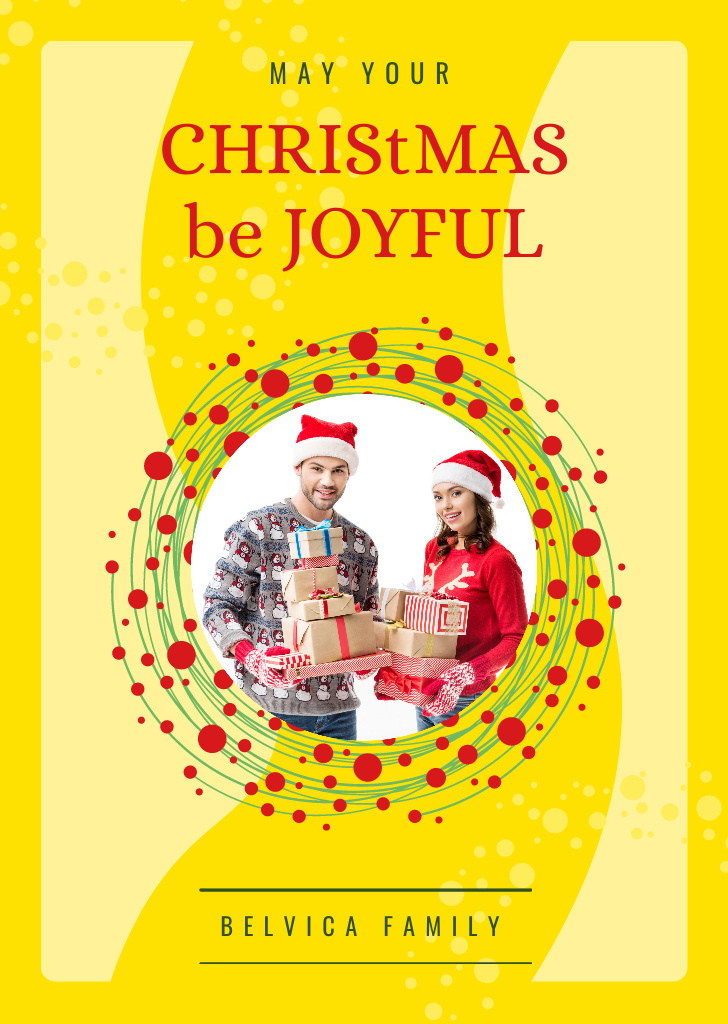 Christmas Greeting Couple With Presents Postcard A6 Vertical – шаблон для дизайну