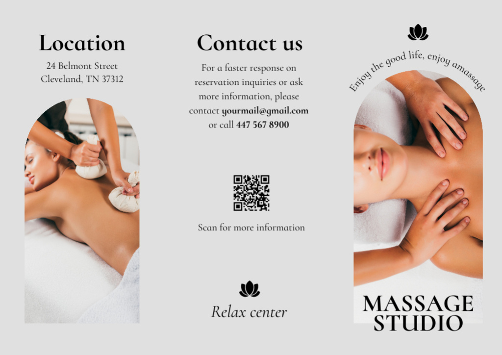 Wellness Center Advertisement with Woman Getting Body Massage Brochure Modelo de Design