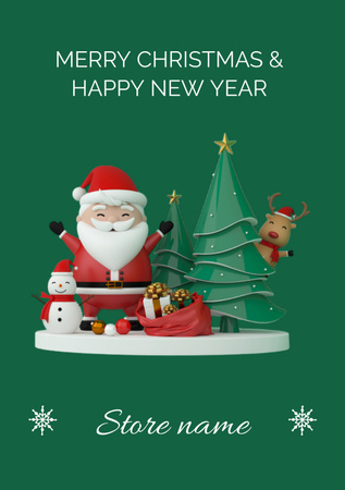 Felicidades de Natal e Ano Novo com Papai Noel e Renas alegres Postcard A5 Vertical Modelo de Design