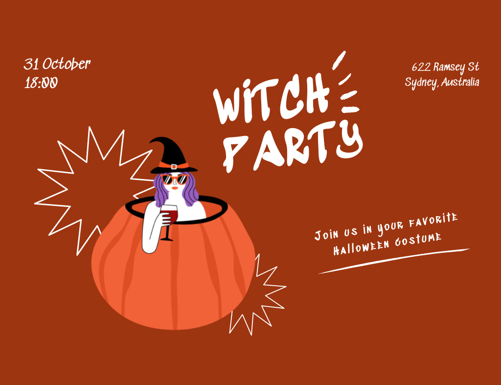Halloween Party Announcement With Women In Witch Costume Invitation 13.9x10.7cm Horizontal Design Template