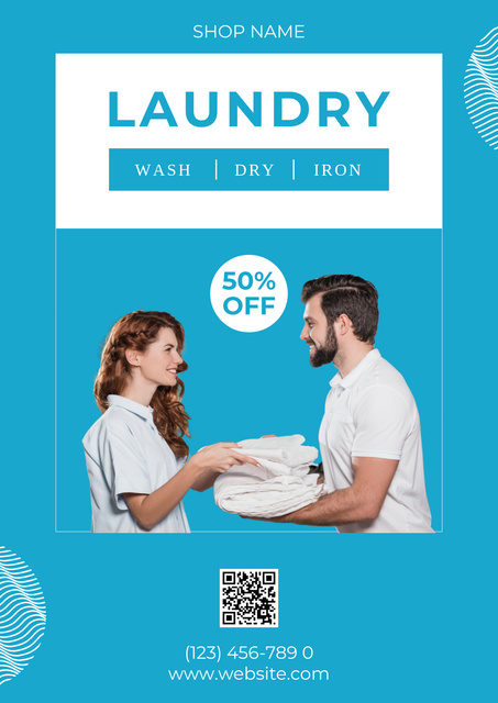 Designvorlage Discount Offer for Laundry Services with Man and Woman für Poster