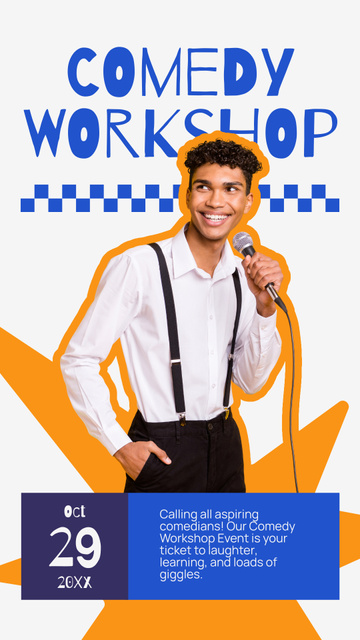 Comedy Workshop Ad with Young Performer Instagram Story Modelo de Design