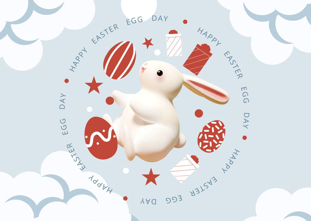 Plantilla de diseño de Easter Egg Day Announcement with Cute Rabbit and Dyed Eggs Card 