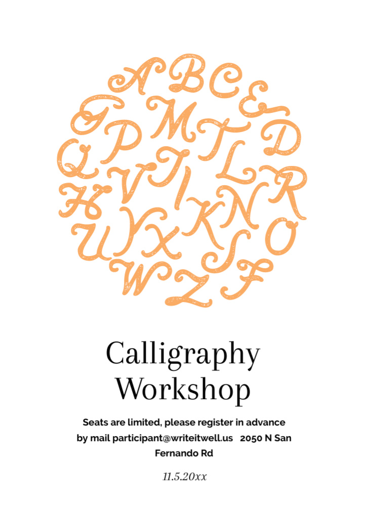 Ontwerpsjabloon van Flyer A5 van Calligraphy Workshop Announcement with Letters on White