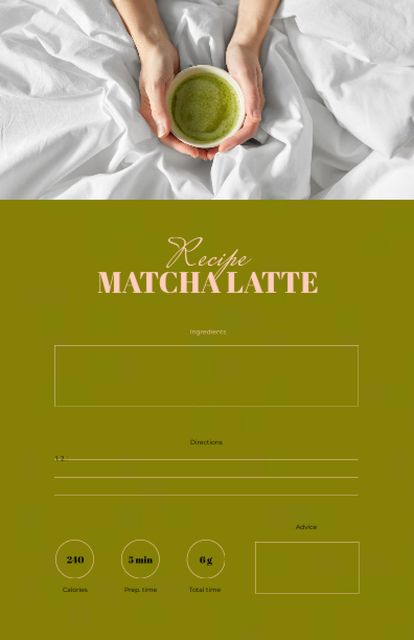 Woman holding tasty Matcha Latte Recipe Card Πρότυπο σχεδίασης
