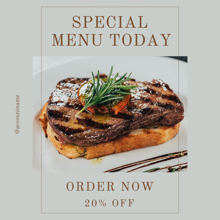 Designvorlage werbung für neue speisekarte mit appetitanregendem steak für Instagram