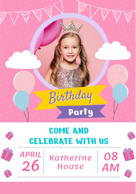 Ontwerpsjabloon van Flyer A5 van Little Princess' Birthday Party Invitation