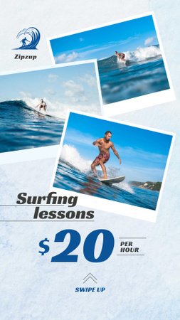 Surfing Lessons Ad Man Riding Big Wave in Blue Instagram Story Design Template