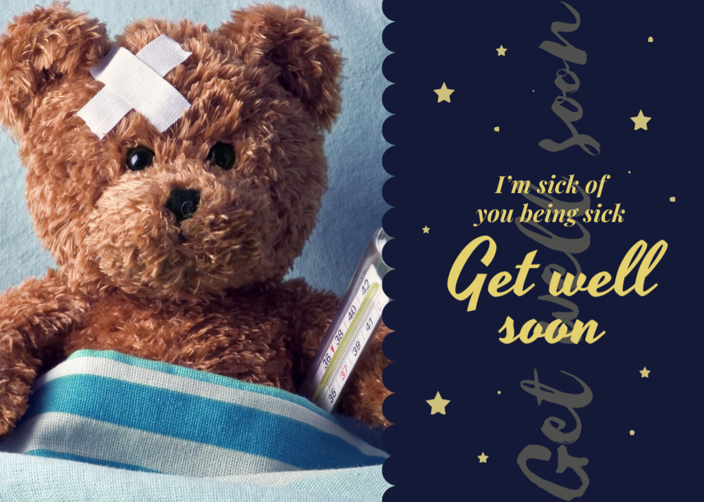 Adorable Teddy Bear With Thermometer And Patch Postcard 5x7in Design Template
