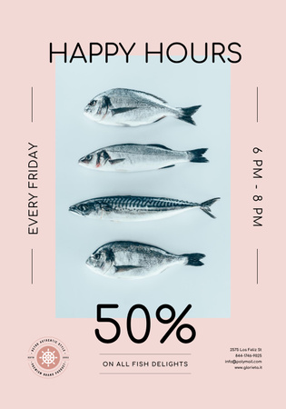Happy Hours Offer on Fresh Fish Poster 28x40in Design Template