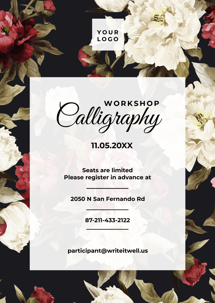 Calligraphy Workshop Announcement in Flowers Frame Flyer A6デザインテンプレート