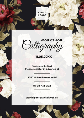 Calligraphy workshop Annoucement with flowers Flyer A6 Design Template