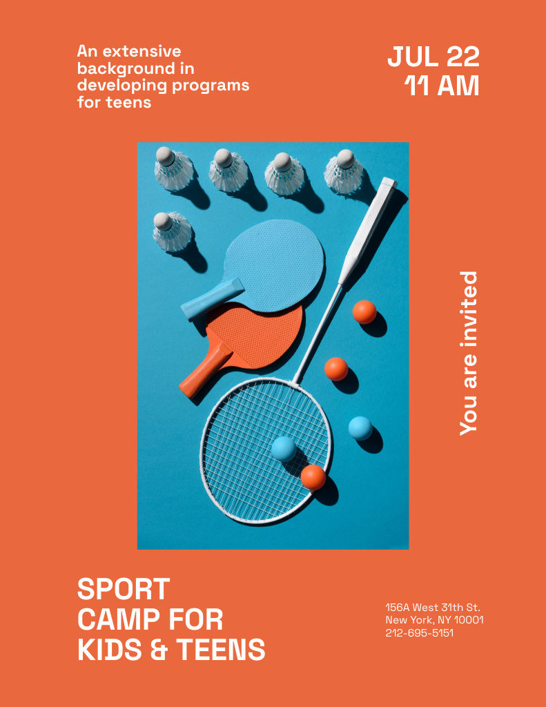 Designvorlage Tennis Camp for Kids on Orange für Poster 8.5x11in