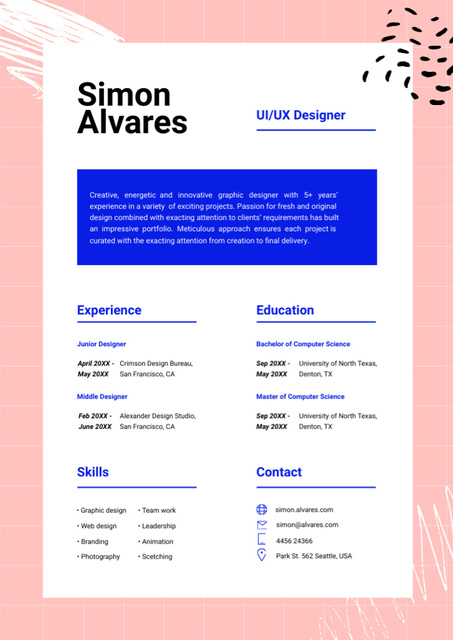 Template di design Web Designer Skills and Experience on Pink Resume