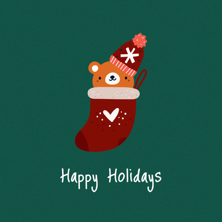 Winter Holiday Greeting with Cute Bear in Sock Instagramデザインテンプレート