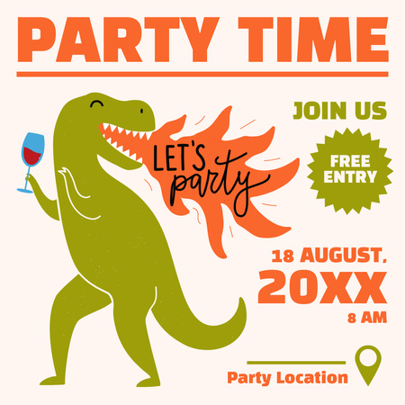 Amusing Party Announcement with Funny Dinosaur In White Instagram Design Template