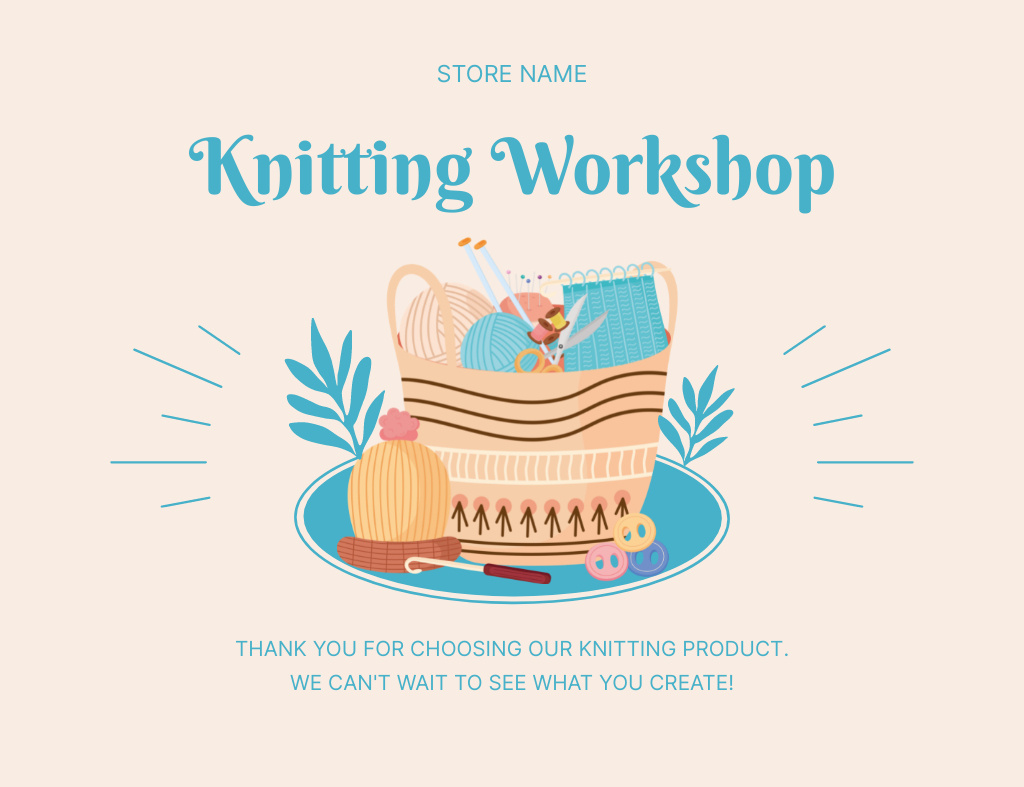 Knitting Course Announcement With Basket of Yarns Thank You Card 5.5x4in Horizontal Design Template