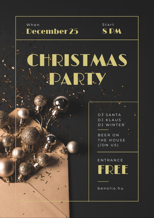Christmas Party Invitation Shiny Golden Baubles Flyer A4 Design Template