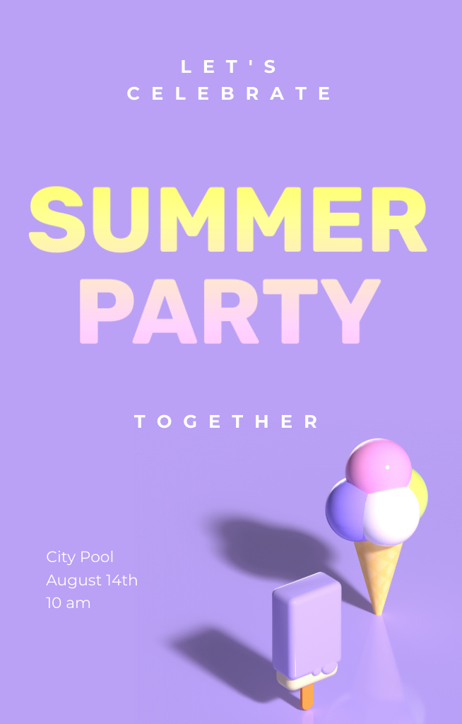 Summer Party Announcement With Ice Cream on Violet Invitation 4.6x7.2in – шаблон для дизайна