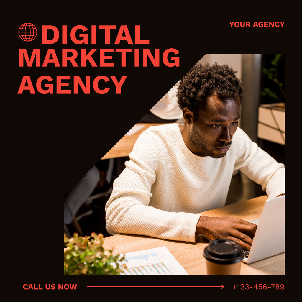 Digital Marketing Agency Services with an African American in Office Instagram tervezősablon