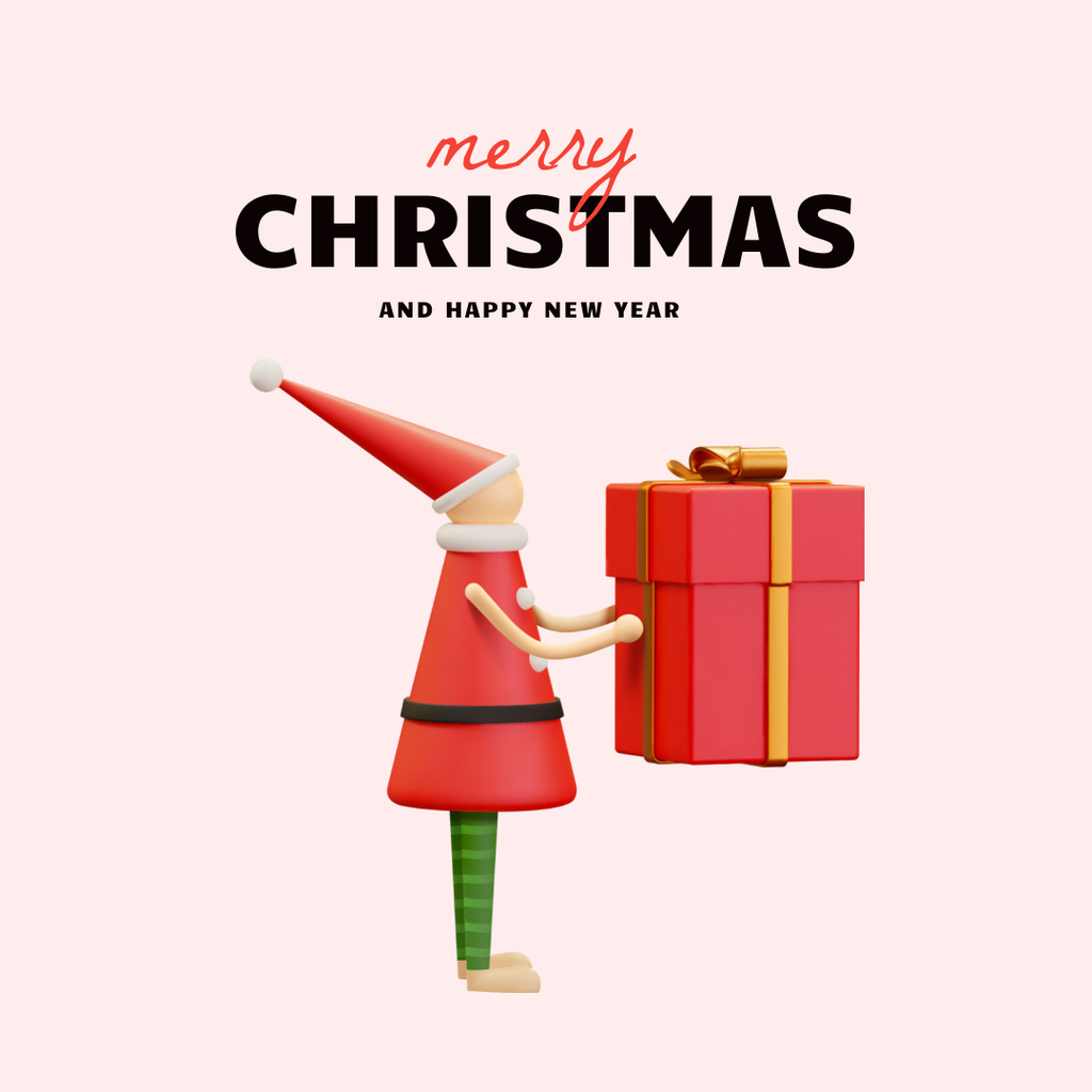 Gleeful Christmas Holiday Greeting with Elf Holding Gift Instagram Tasarım Şablonu