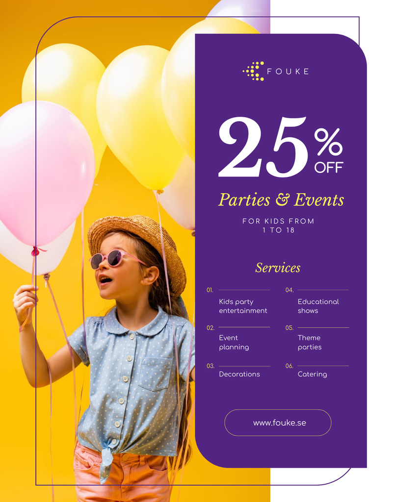 High-Quality Party Organization Services Offer with Girl with Balloons Poster 22x28in Design Template