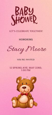 Baby Shower Event Announcement with Teddy Bear on Pink Invitation 9.5x21cm Design Template