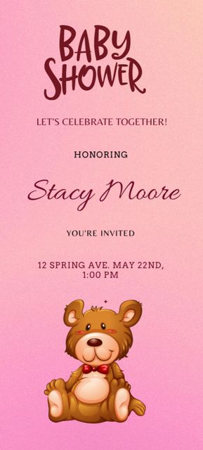 Baby Shower Event Announcement with Teddy Bear on Pink Invitation 9.5x21cm Πρότυπο σχεδίασης