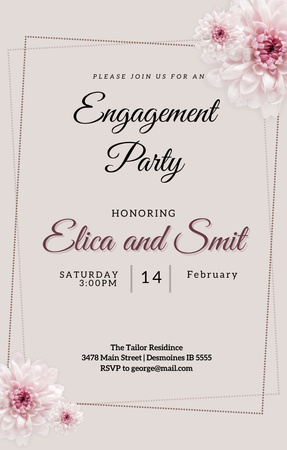 Engagement Party Invitation with Pink Flowers Invitation 4.6x7.2in Design Template