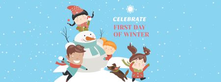 crianças comemorando o primeiro dia de inverno com boneco de neve Facebook cover Modelo de Design