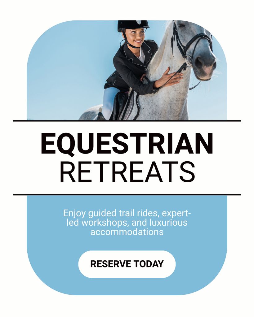 Plantilla de diseño de Equestrian Retreats Announcement with Female Jockey Instagram Post Vertical 