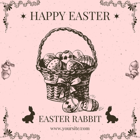 Illustration of Rabbits and Easter Eggs in Wicker Basket Instagram Design Template