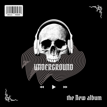 Modèle de visuel pochette d'album underground, crâne avec écouteurs - Album Cover