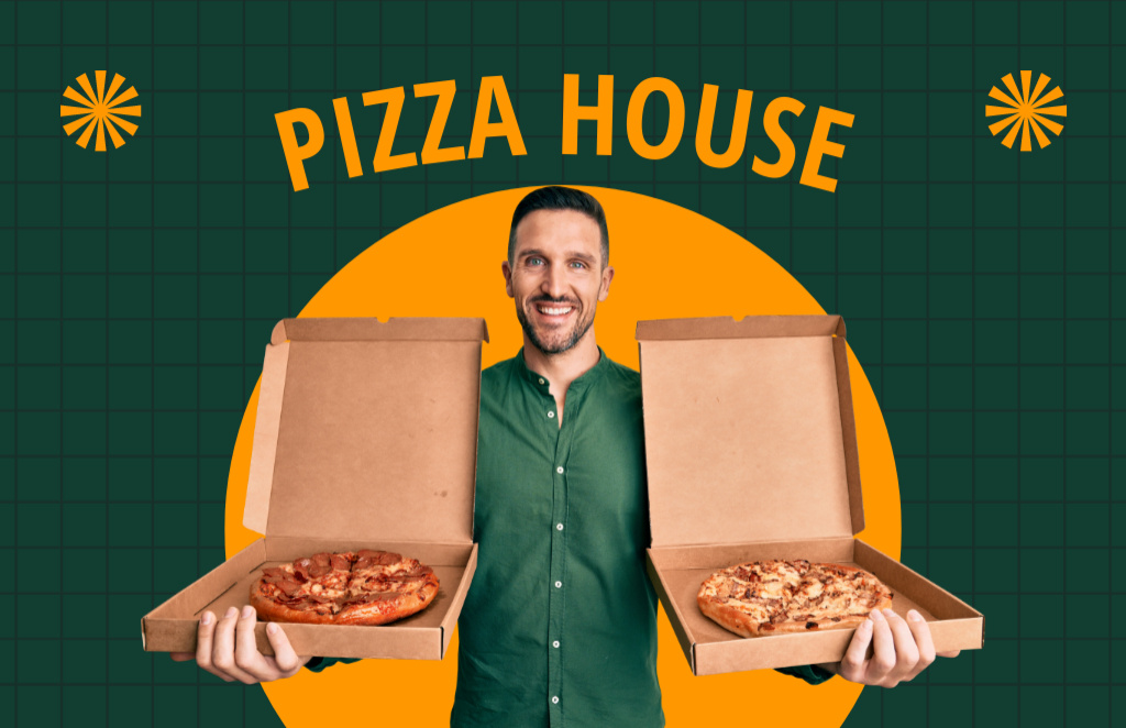 Ontwerpsjabloon van Business Card 85x55mm van Man in Green Shirt Offering Pizza