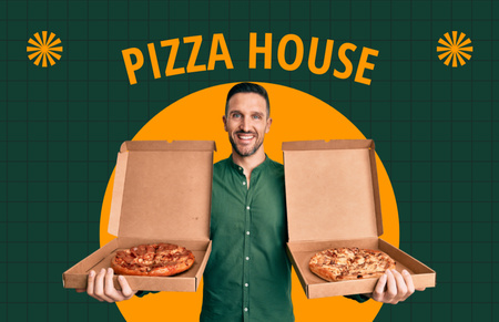 Чоловік у зеленій сорочці пропонує піцу Business Card 85x55mm – шаблон для дизайну