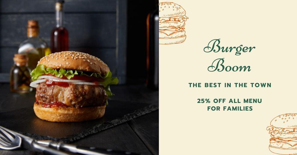 Platilla de diseño Burger Menu Offer with Discount for Families Facebook AD